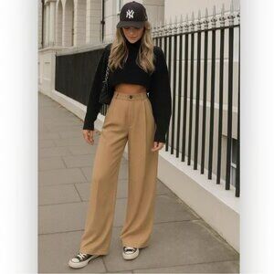 Zara Women's Camel Tan High Rise Pleated-Front Wide Leg Trousers Size M